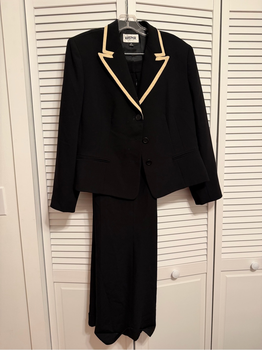 Kasper Black Blazer and Pants Suit with Cream Trim